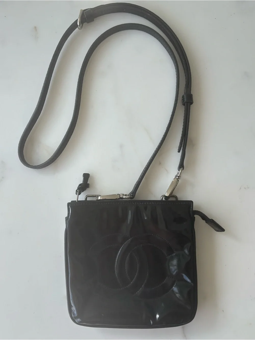 CHANEL Black Patent Leather CC Logo Converted Belt to Crossbody Bag